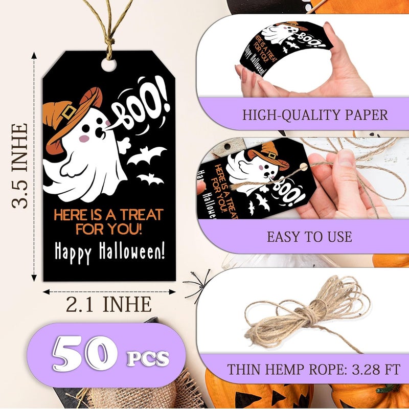 RPLCSPC Black Halloween Paper Gift Tags with String-50Pcs, Here is A Treat for You Happy Halloween Cute Ghost Boo Tags for Goodie Bags, 2 x 3.5 Inch Hanging Labels for Decor Party Supplies, Gift Wrapping-B08 - Image 2